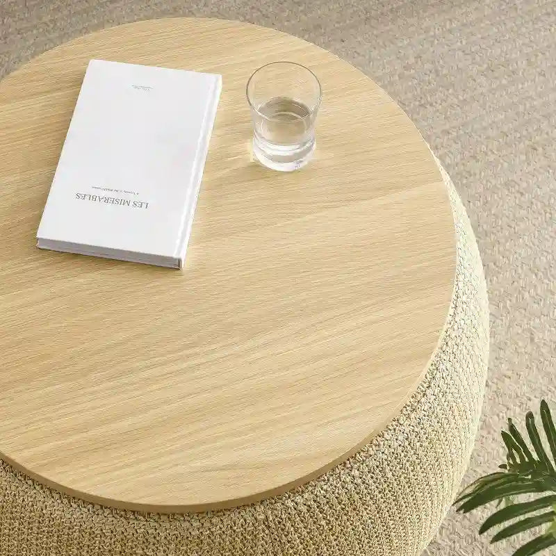 Pyöreä säilytysrahi, 3-in-1-ominaisuudet: rahijakkara, sohvapöytä ja käsintehty päätypöytä