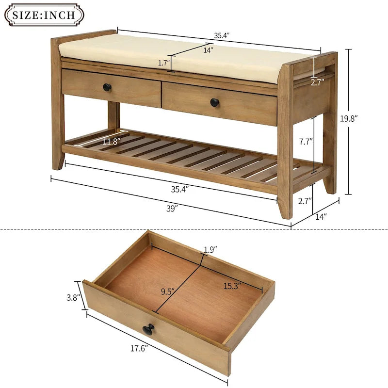 Panca contenitore per ingresso con seduta imbottita e cassetti - 39L x 14W x 19.8H
