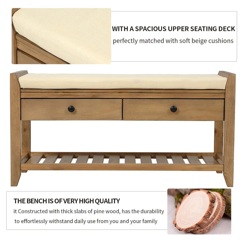 Panca contenitore per ingresso con seduta imbottita e cassetti - 39L x 14W x 19.8H