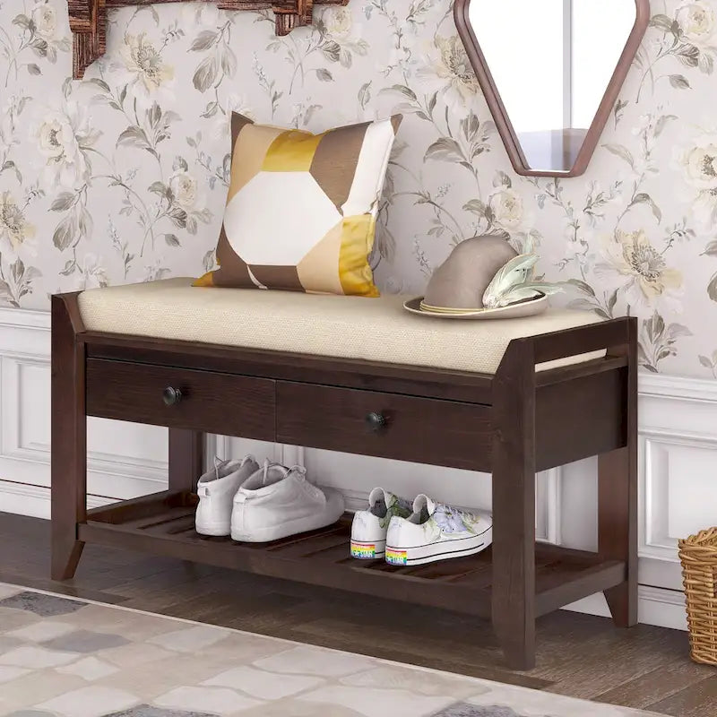 Panca contenitore per ingresso con seduta imbottita e cassetti - 39L x 14W x 19.8H