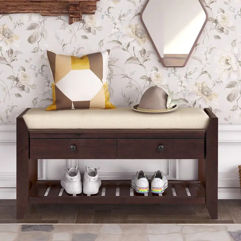Panca contenitore per ingresso con seduta imbottita e cassetti - 39L x 14W x 19.8H