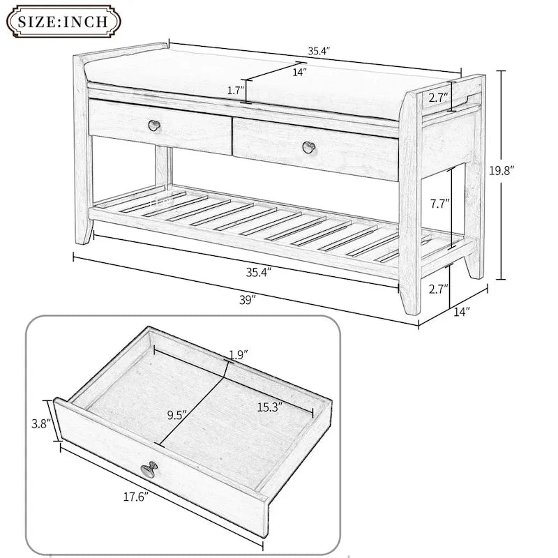 Panca contenitore per ingresso con seduta imbottita e cassetti - 39L x 14W x 19.8H