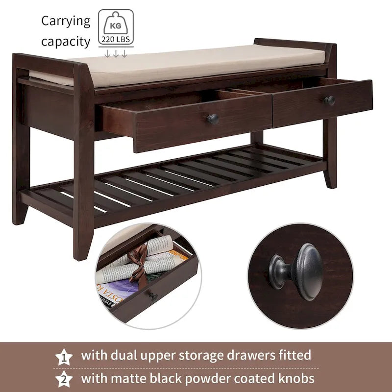 Panca contenitore per ingresso con seduta imbottita e cassetti - 39L x 14W x 19.8H