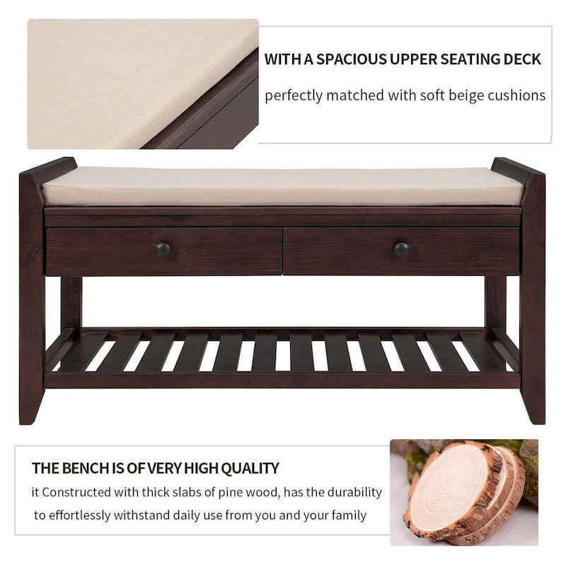 Panca contenitore per ingresso con seduta imbottita e cassetti - 39L x 14W x 19.8H