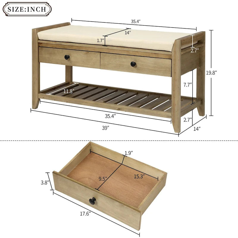 Panca contenitore per ingresso con seduta imbottita e cassetti - 39L x 14W x 19.8H