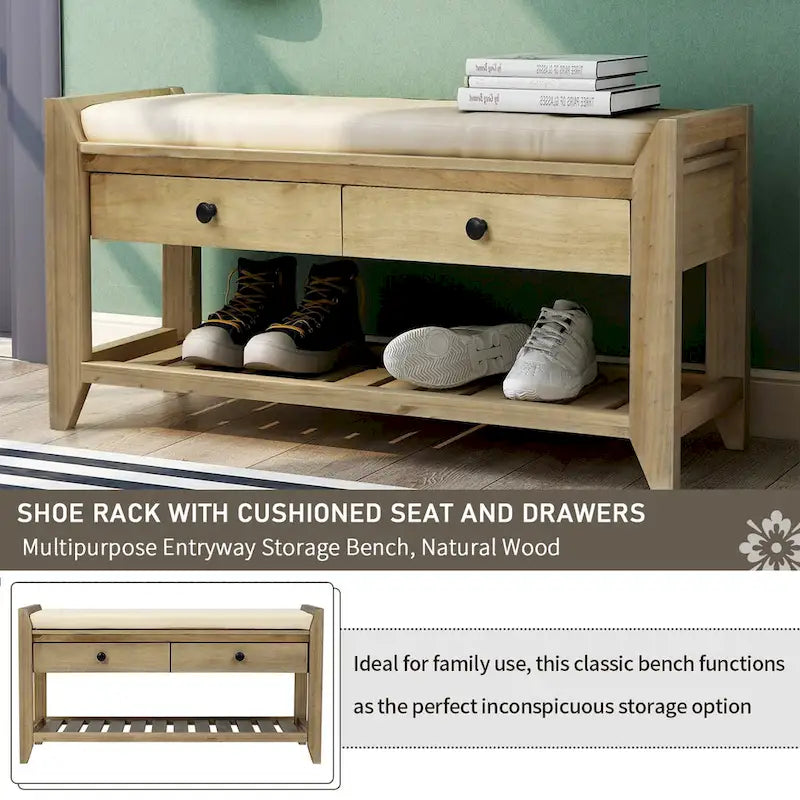 Panca contenitore per ingresso con seduta imbottita e cassetti - 39L x 14W x 19.8H
