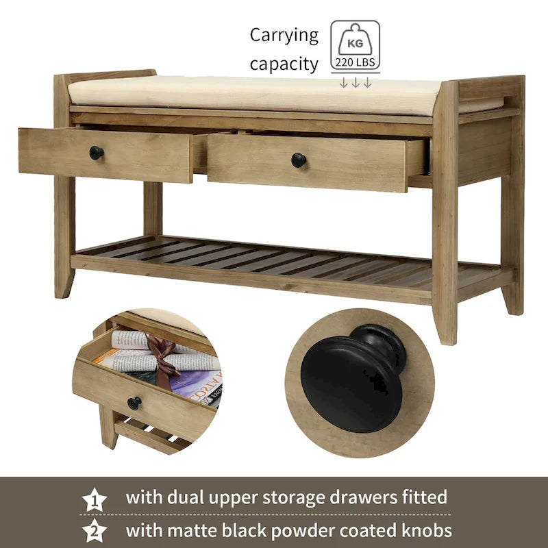 Panca contenitore per ingresso con seduta imbottita e cassetti - 39L x 14W x 19.8H
