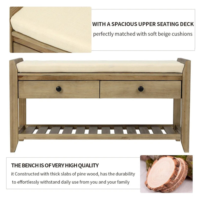 Panca contenitore per ingresso con seduta imbottita e cassetti - 39L x 14W x 19.8H