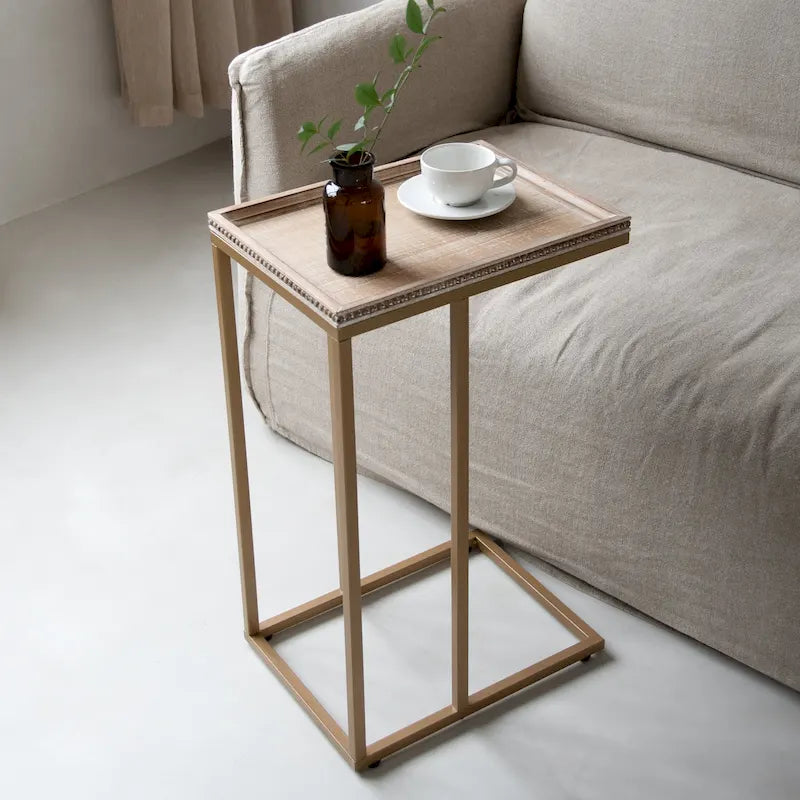 COZAYH C-förmiger Beistelltisch im Landhausstil, Seitentisch mit Tablettplatte und dekorativer Perlenkante im Used-Look