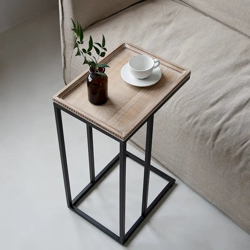 Mesa auxiliar tipo C estilo granja COZAYH, mesa lateral con bandeja superior de borde decorado envejecido