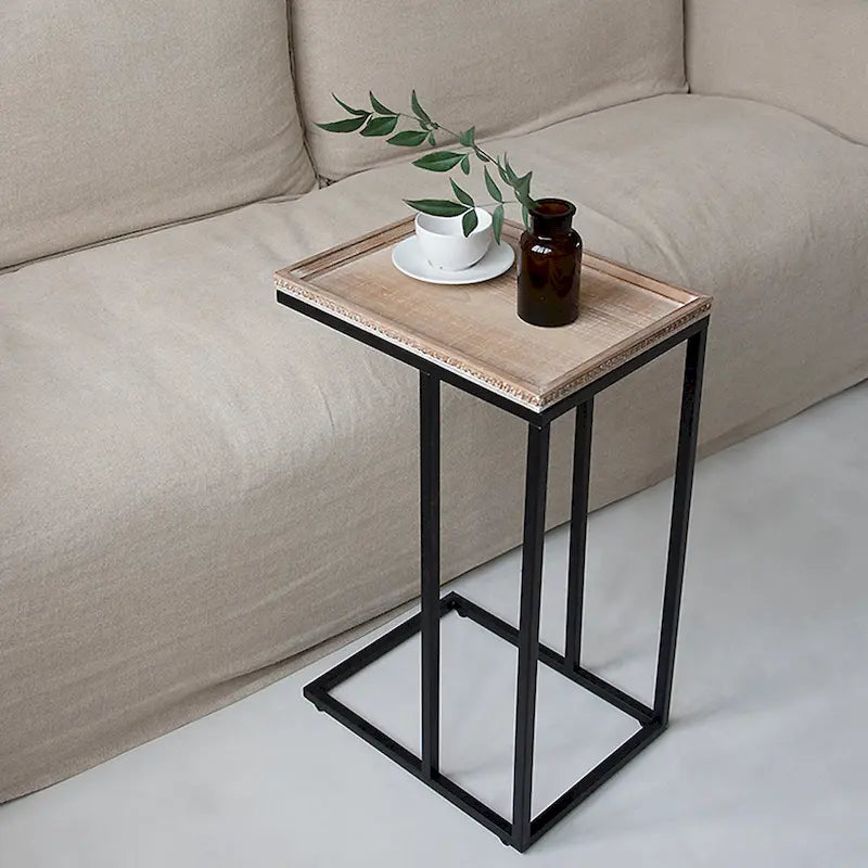 COZAYH C-förmiger Beistelltisch im Landhausstil, Seitentisch mit Tablettplatte und dekorativer Perlenkante im Used-Look