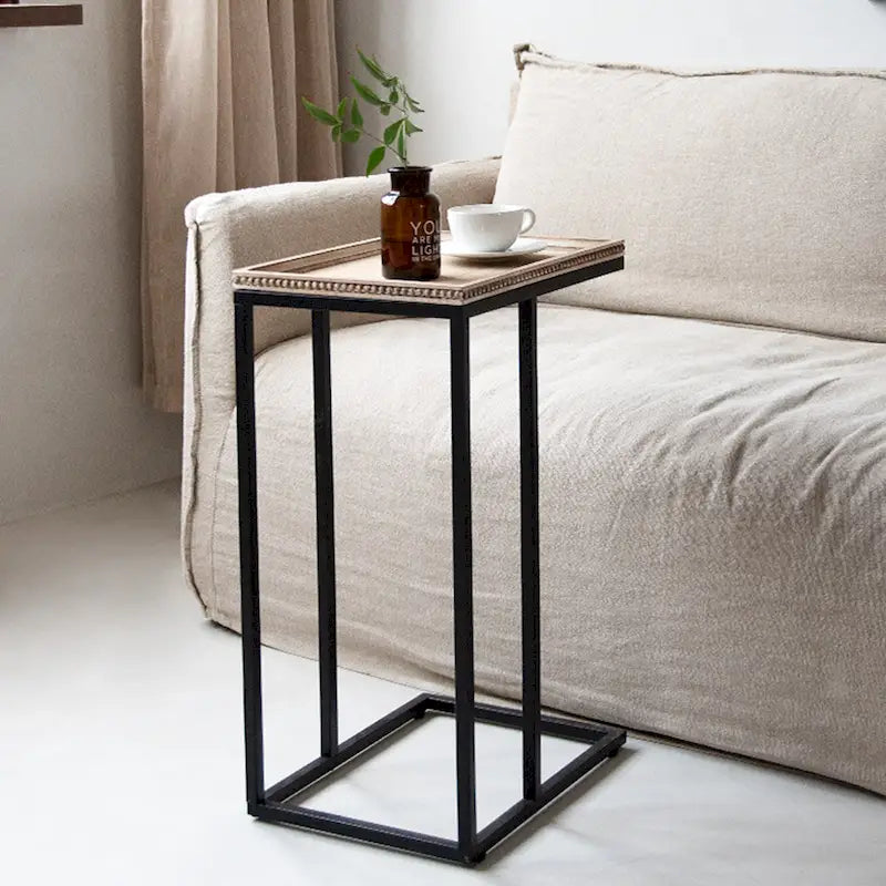 COZAYH C-förmiger Beistelltisch im Landhausstil, Seitentisch mit Tablettplatte und dekorativer Perlenkante im Used-Look