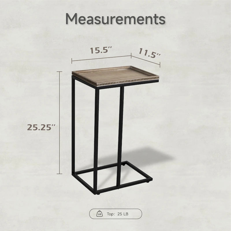 COZAYH C-förmiger Beistelltisch im Landhausstil, Seitentisch mit Tablettplatte und dekorativer Perlenkante im Used-Look