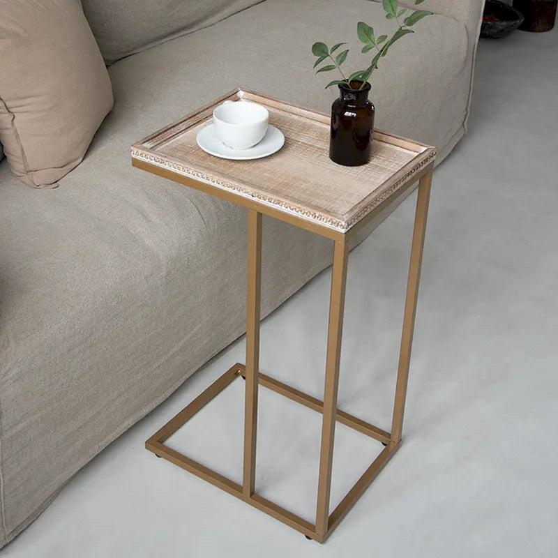 COZAYH C-förmiger Beistelltisch im Landhausstil, Seitentisch mit Tablettplatte und dekorativer Perlenkante im Used-Look
