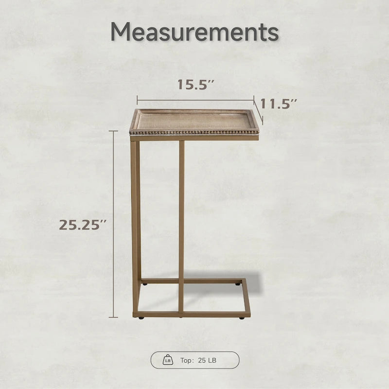 COZAYH C-förmiger Beistelltisch im Landhausstil, Seitentisch mit Tablettplatte und dekorativer Perlenkante im Used-Look