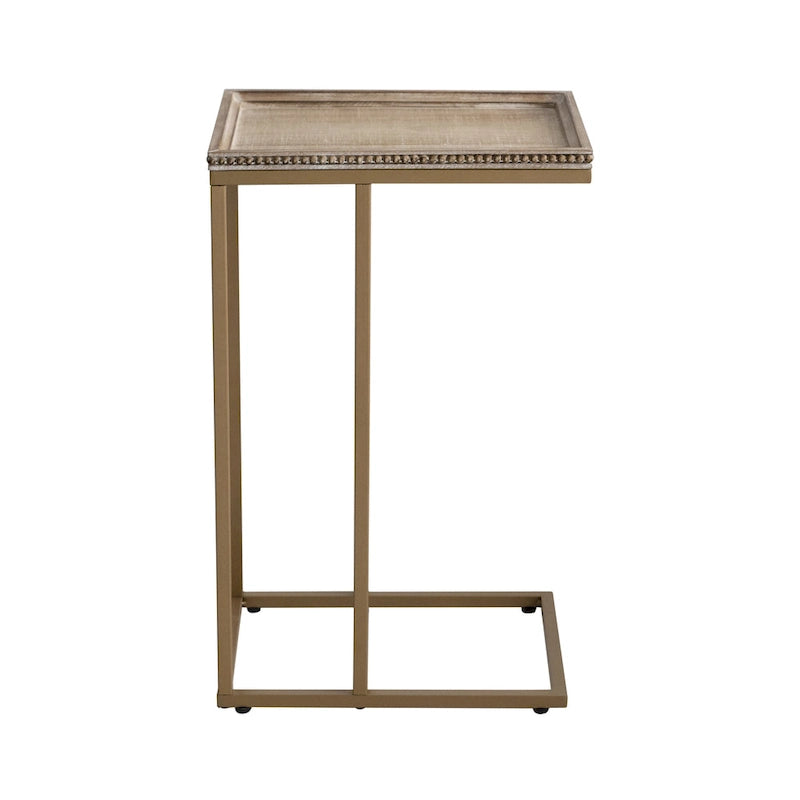 COZAYH C-förmiger Beistelltisch im Landhausstil, Seitentisch mit Tablettplatte und dekorativer Perlenkante im Used-Look
