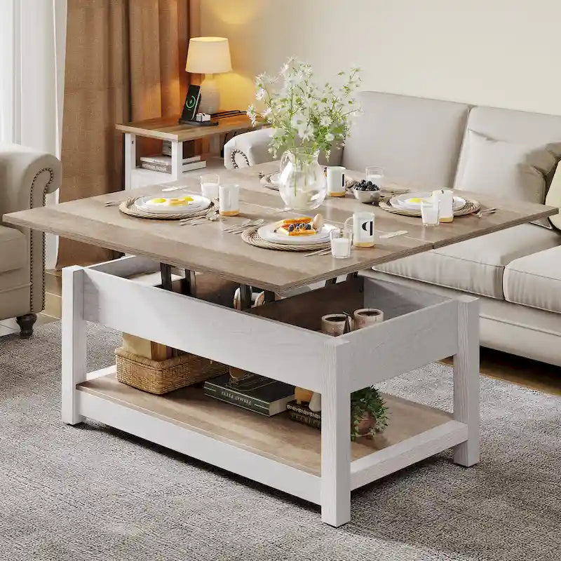 Moasis salontafel met liftblad, uitschuifbaar tafelblad, verborgen opbergruimte en planken