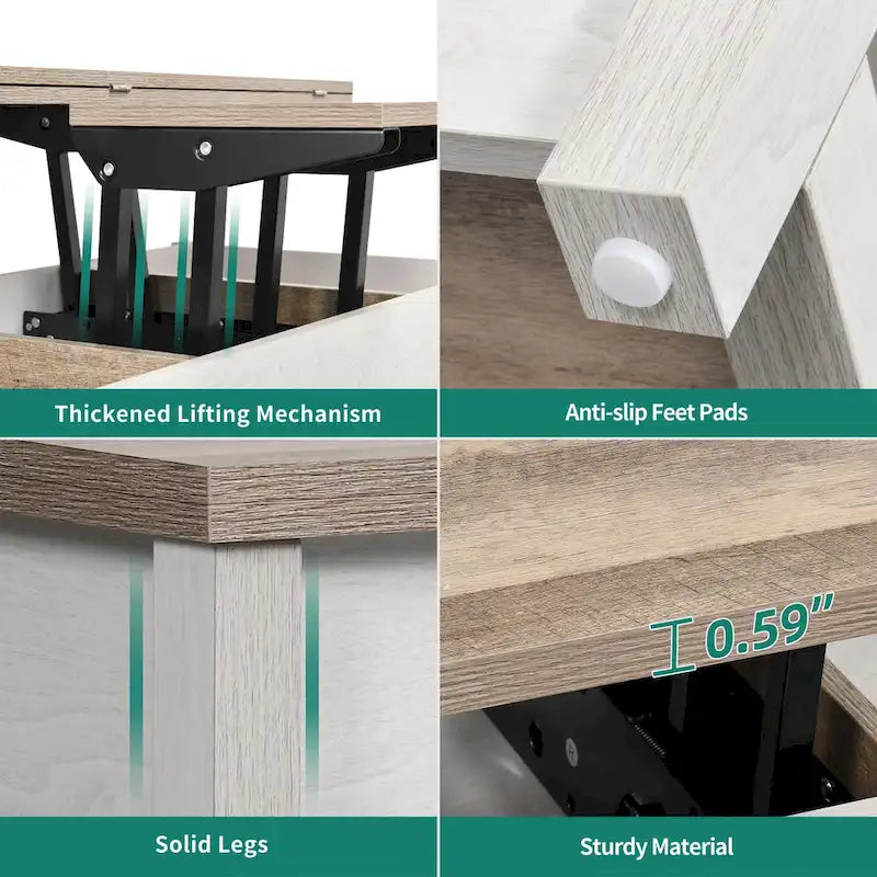 Moasis salontafel met liftblad, uitschuifbaar tafelblad, verborgen opbergruimte en planken