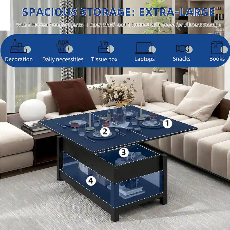 Moasis salontafel met liftblad, uitschuifbaar tafelblad, verborgen opbergruimte en planken