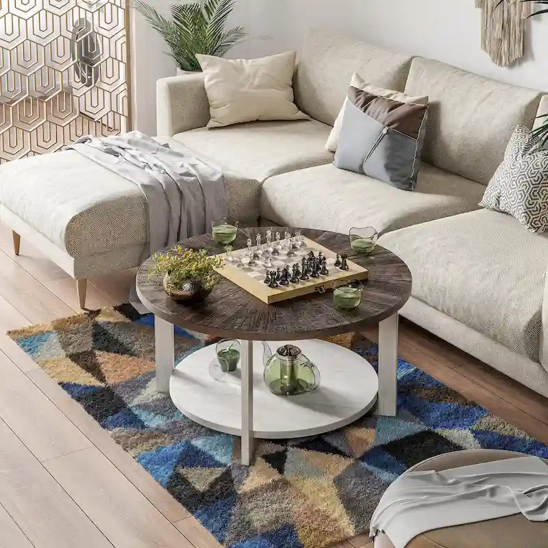 COZAYH Couchtisch im Landhausstil mit Ablagefläche, rustikaler runder Akzenttisch im Landhausstil mit beeindruckendem radialem Muster, Beistelltisch