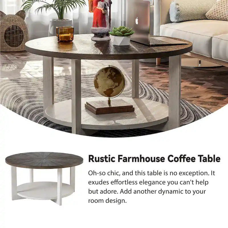 COZAYH Couchtisch im Landhausstil mit Ablagefläche, rustikaler runder Akzenttisch im Landhausstil mit beeindruckendem radialem Muster, Beistelltisch