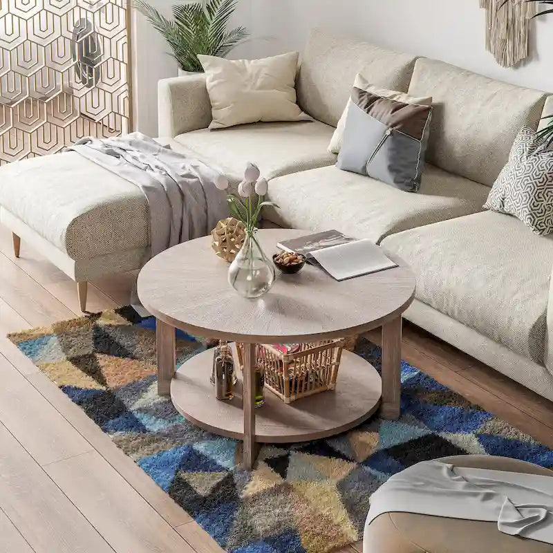 COZAYH Couchtisch im Landhausstil mit Ablagefläche, rustikaler runder Akzenttisch im Landhausstil mit beeindruckendem radialem Muster, Beistelltisch