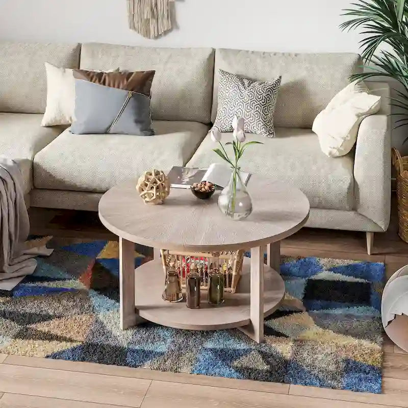 COZAYH Couchtisch im Landhausstil mit Ablagefläche, rustikaler runder Akzenttisch im Landhausstil mit beeindruckendem radialem Muster, Beistelltisch