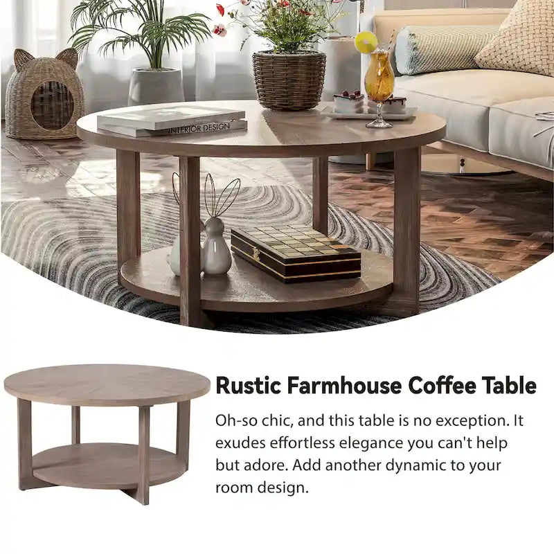 COZAYH Couchtisch im Landhausstil mit Ablagefläche, rustikaler runder Akzenttisch im Landhausstil mit beeindruckendem radialem Muster, Beistelltisch