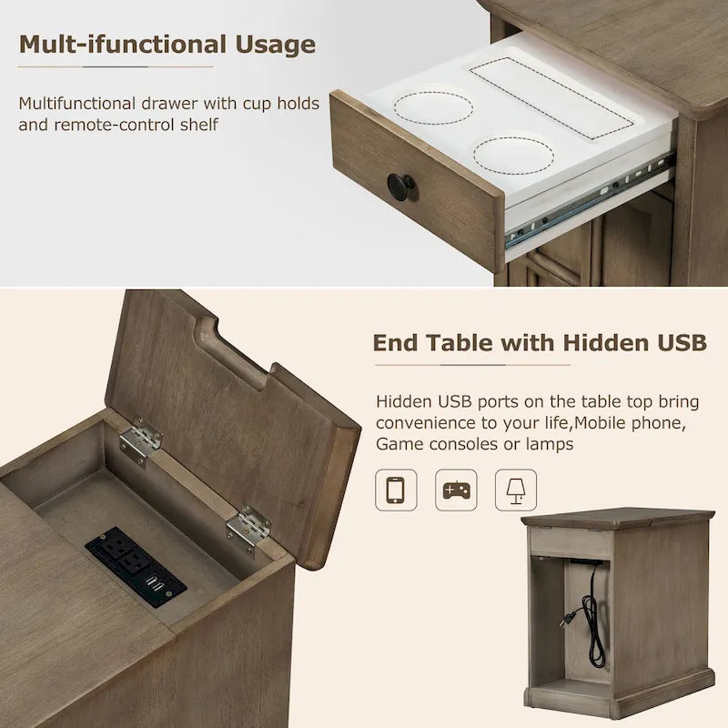 Klassinen vintage-tyylinen päätypöytä USB-porteilla ja yhdellä monitoimilaatikolla, jossa on mukitelineet