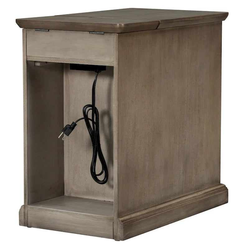 Klassinen vintage-tyylinen päätypöytä USB-porteilla ja yhdellä monitoimilaatikolla, jossa on mukitelineet