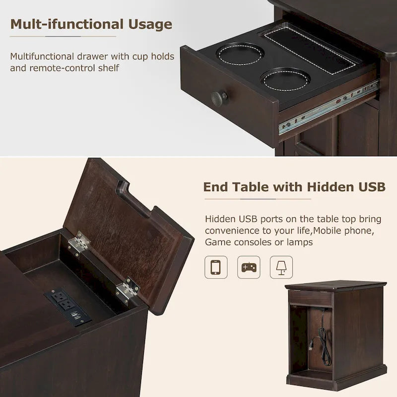 Klassinen vintage-tyylinen päätypöytä USB-porteilla ja yhdellä monitoimilaatikolla, jossa on mukitelineet