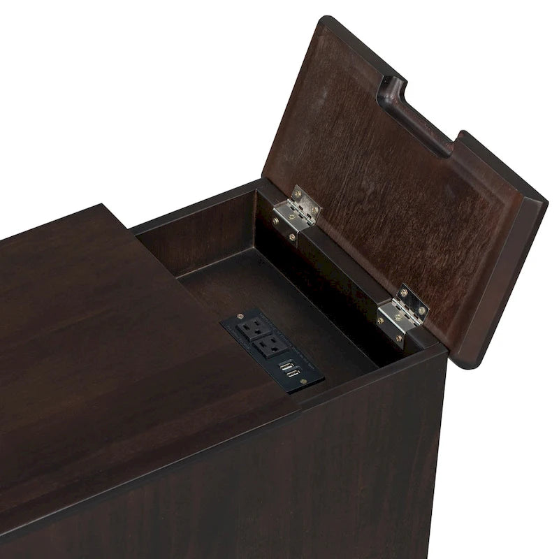Klassinen vintage-tyylinen päätypöytä USB-porteilla ja yhdellä monitoimilaatikolla, jossa on mukitelineet