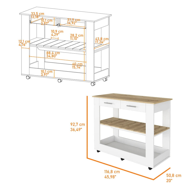FM Furniture Brooklyn 46 Kitchen Island, Two Shelves, Two Drawers