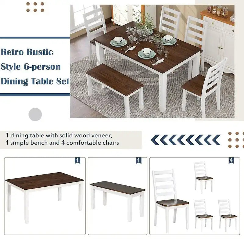 6-teiliges Esszimmer-Set mit 4 Stühlen und einer Bank