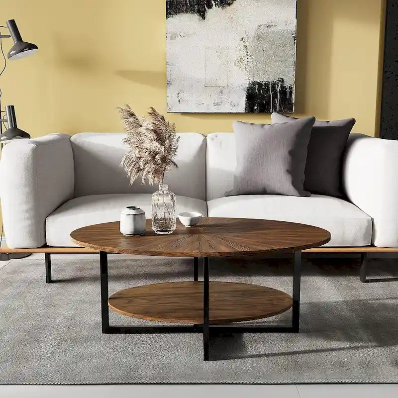 Ovaler Couchtisch aus Massivholz mit gekreuzten Metallbeinen
