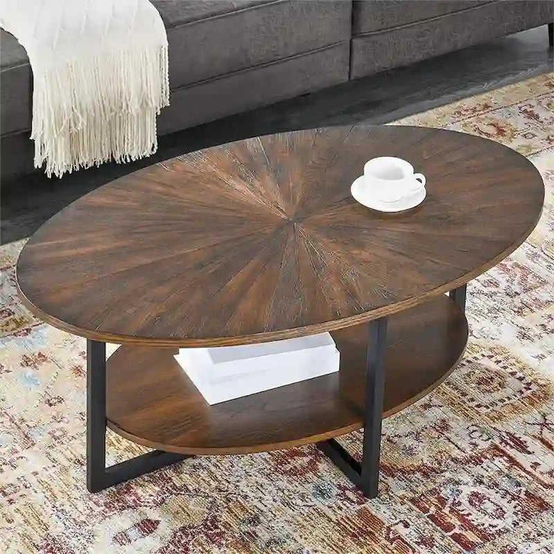 Ovaler Couchtisch aus Massivholz mit gekreuzten Metallbeinen