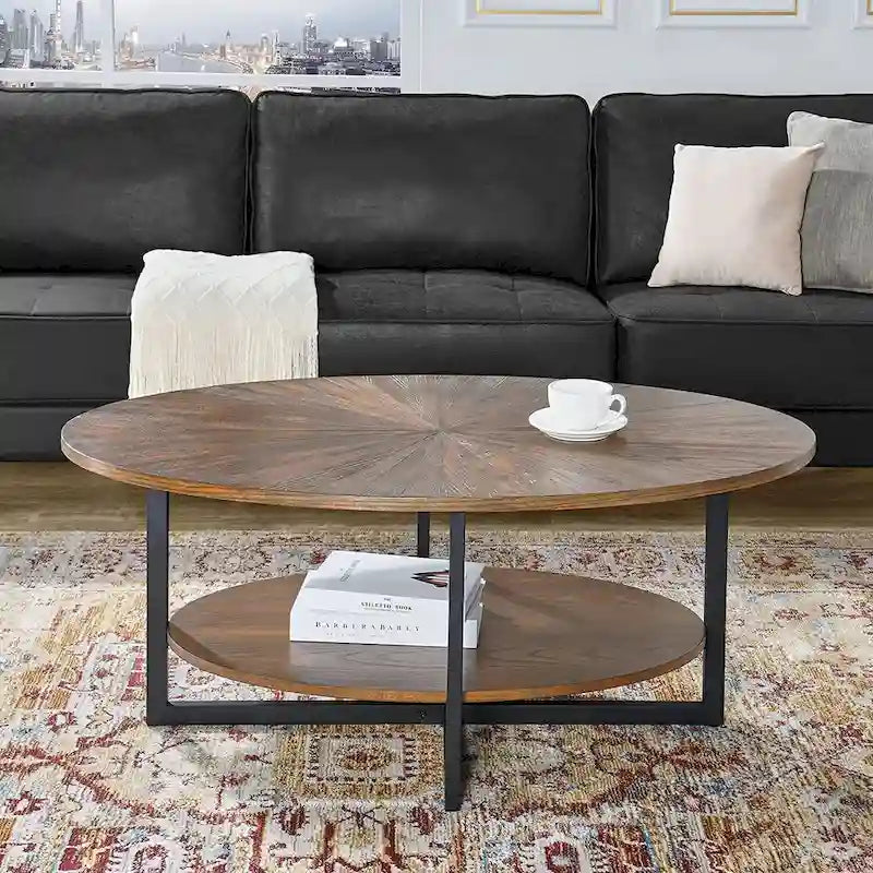 Ovaler Couchtisch aus Massivholz mit gekreuzten Metallbeinen