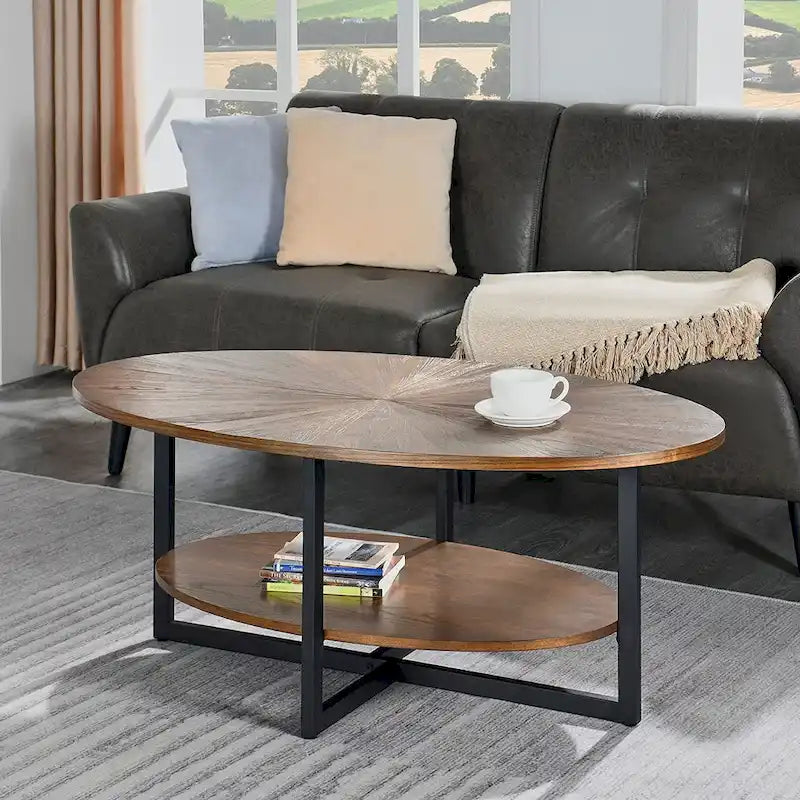 Ovaler Couchtisch aus Massivholz mit gekreuzten Metallbeinen