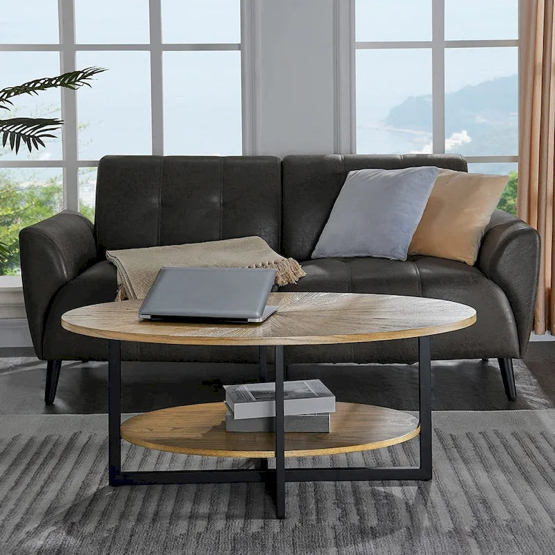 Ovaler Couchtisch aus Massivholz mit gekreuzten Metallbeinen