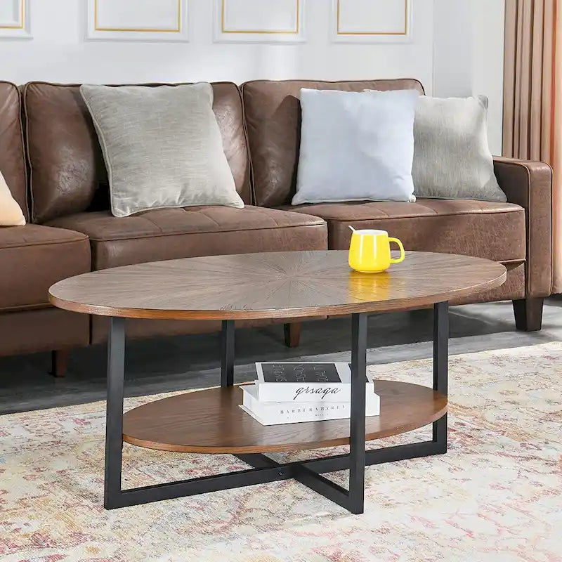 Ovaler Couchtisch aus Massivholz mit gekreuzten Metallbeinen