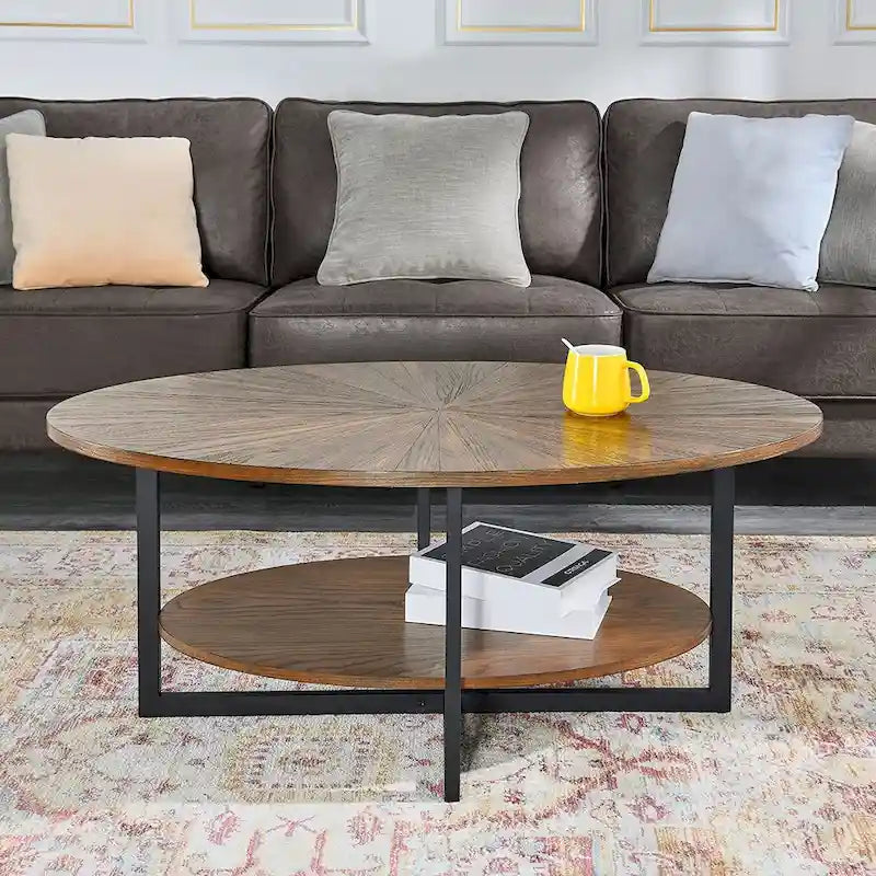 Ovaler Couchtisch aus Massivholz mit gekreuzten Metallbeinen
