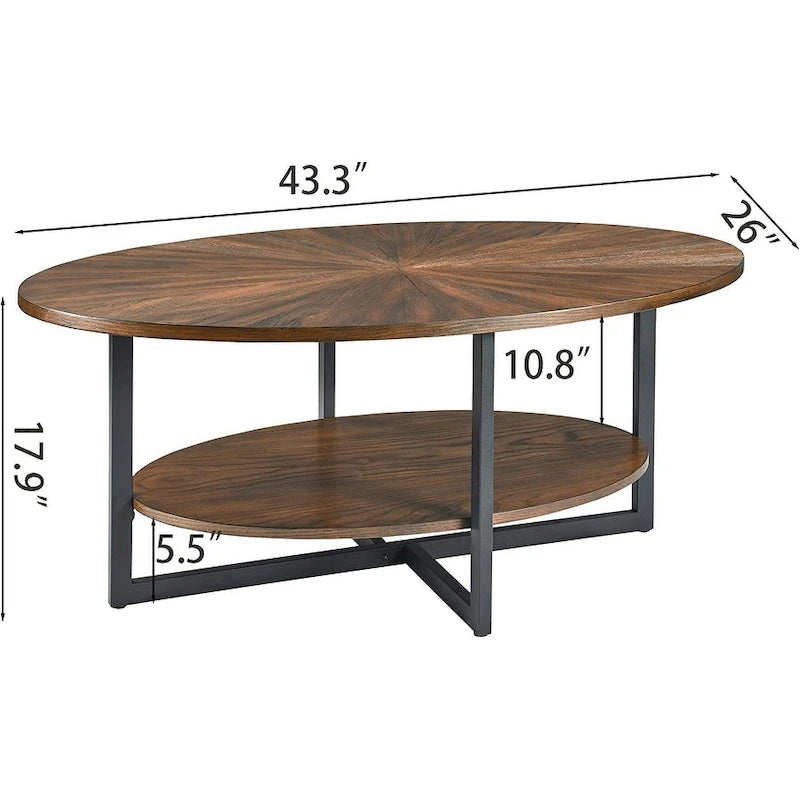 Ovaler Couchtisch aus Massivholz mit gekreuzten Metallbeinen