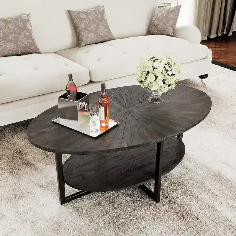 Ovaler Couchtisch aus Massivholz mit gekreuzten Metallbeinen