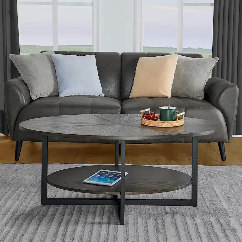 Ovaler Couchtisch aus Massivholz mit gekreuzten Metallbeinen