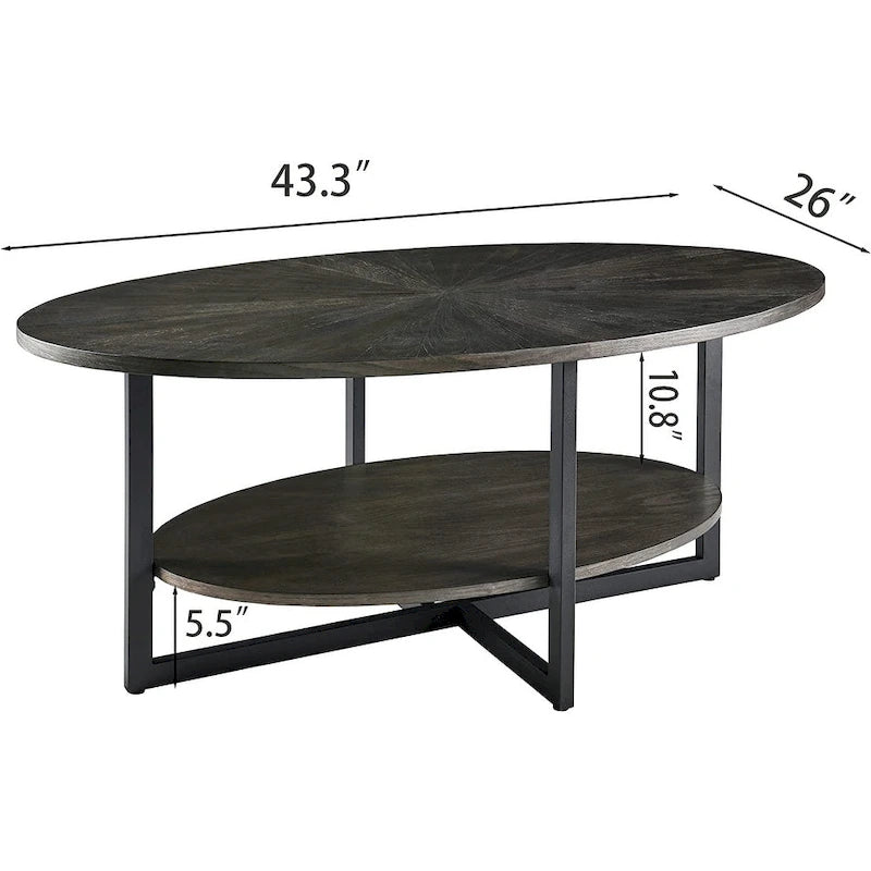 Ovaler Couchtisch aus Massivholz mit gekreuzten Metallbeinen
