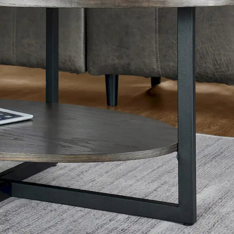 Ovaler Couchtisch aus Massivholz mit gekreuzten Metallbeinen