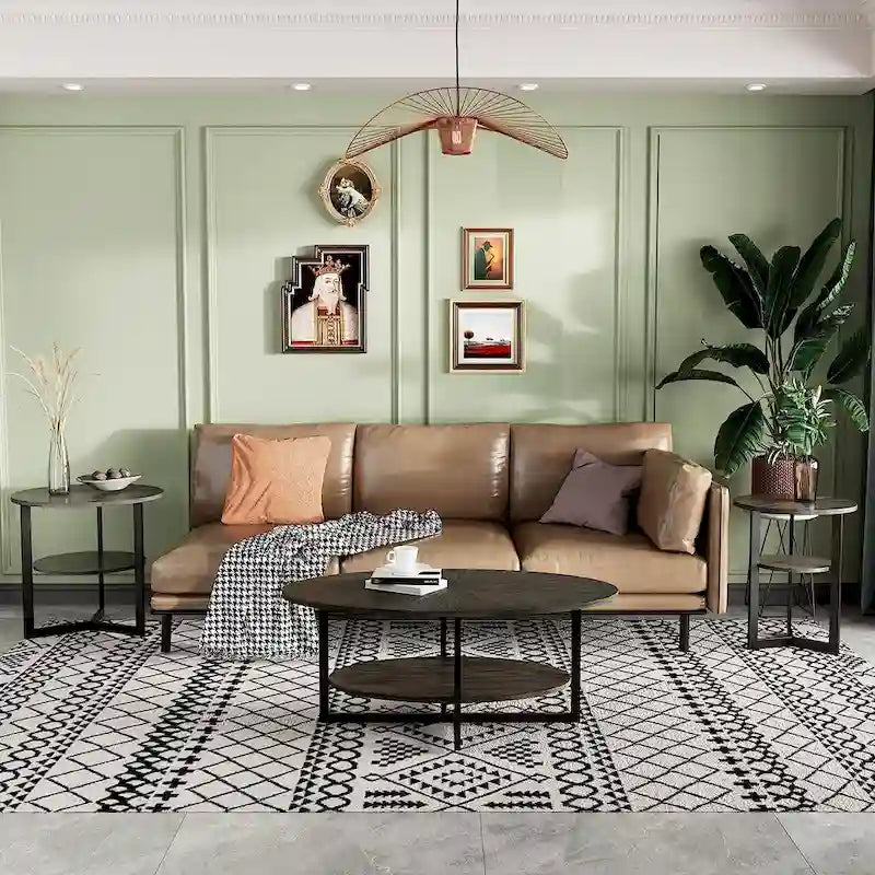 Ovaler Couchtisch aus Massivholz mit gekreuzten Metallbeinen