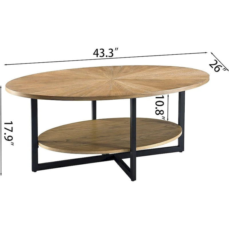 Ovaler Couchtisch aus Massivholz mit gekreuzten Metallbeinen
