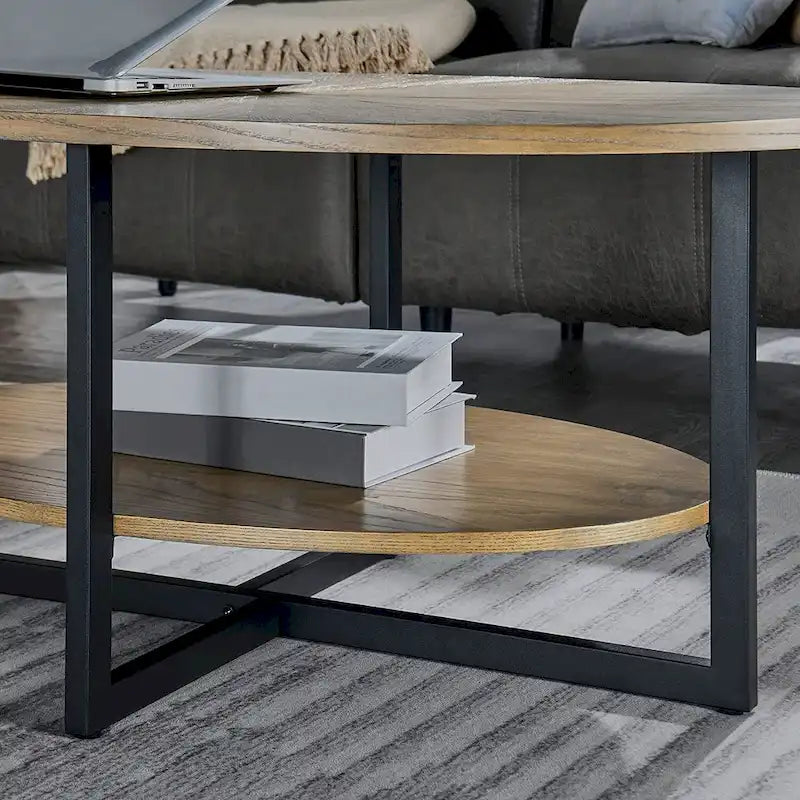 Ovaler Couchtisch aus Massivholz mit gekreuzten Metallbeinen