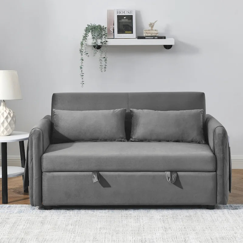 Nowoczesna rozkładana sofa dwuosobowa z weluru, pełniąca funkcję łóżka, z 2 poduszkami